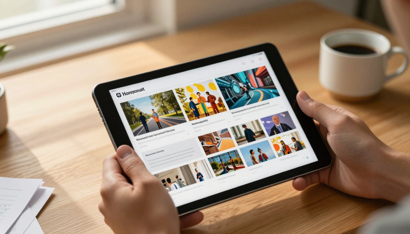 Close-up of hands holding tablet displaying annual report flipbook