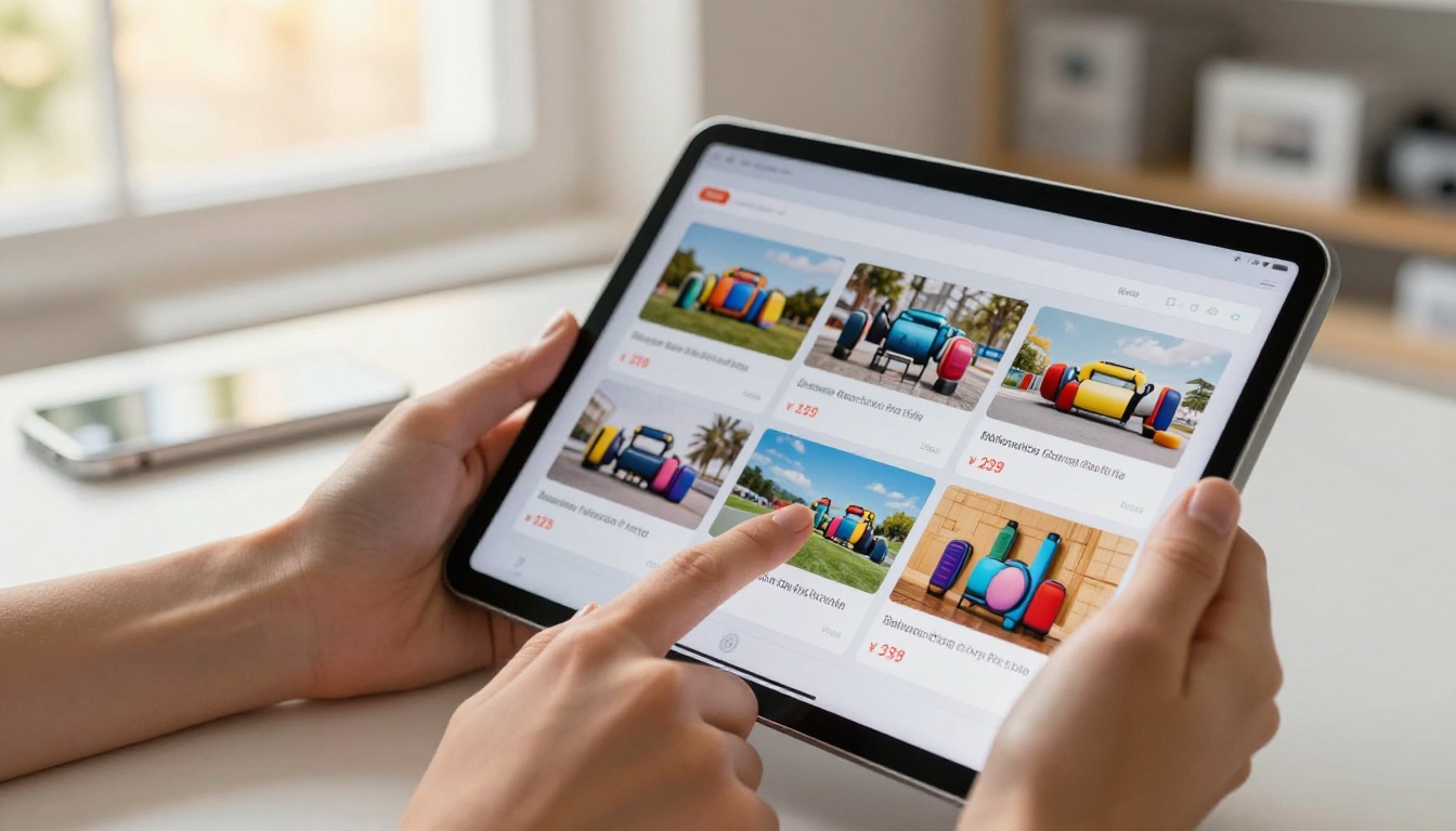 Hands holding tablet displaying vibrant digital product catalog with product photos and prices in clean grid layout Hands holding tablet displaying vibrant digital product catalog with product photos and prices in clean grid layout