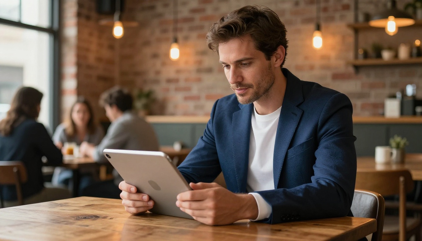 A business professional sharing a digital catalog flipbook on a tablet in a warm sunlit coffee shop