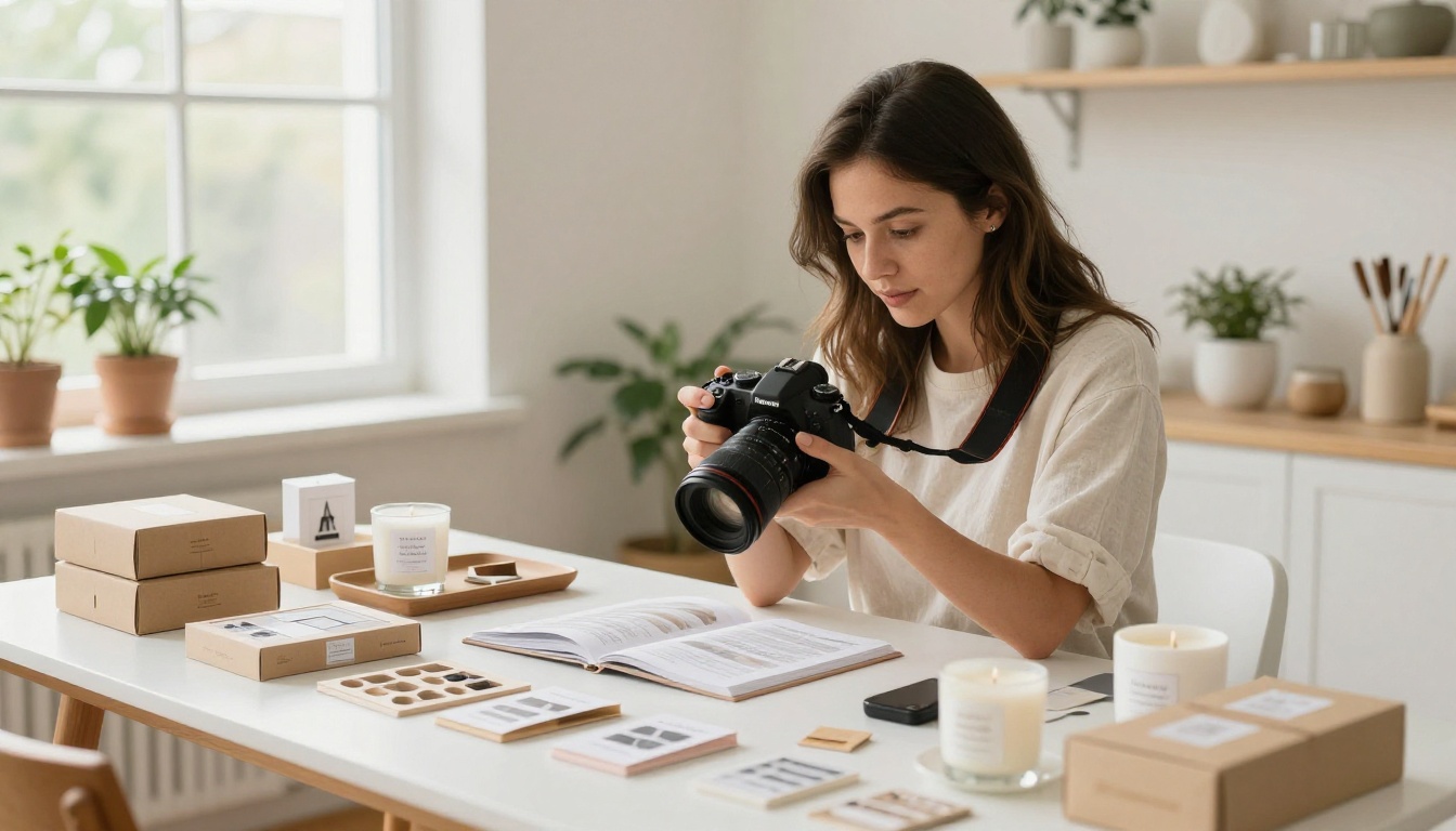 Small business owner photographing artisan products on clean white table in bright home studio with natural window light Small business owner photographing artisan products on clean white table in bright home studio with natural window light