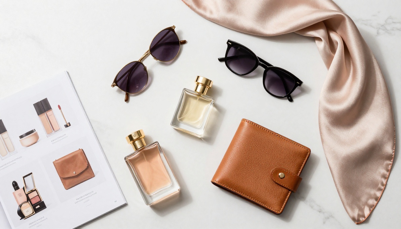 Elegant product flatlay on marble surface with fashion accessories and printed catalog spread showing matching product photography Elegant product flatlay on marble surface with fashion accessories and printed catalog spread showing matching product photography