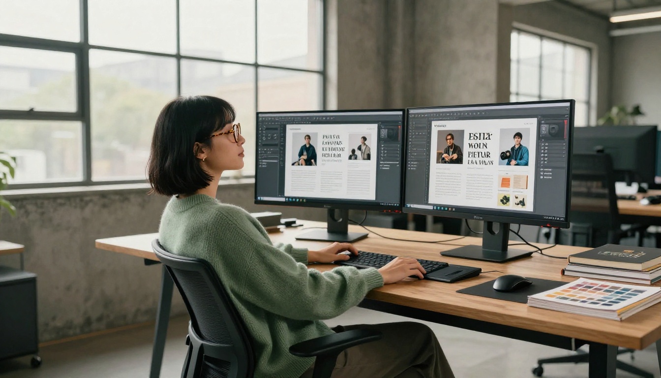 A graphic designer reviewing flipbook pages on dual monitors in a modern design studio with natural daylight