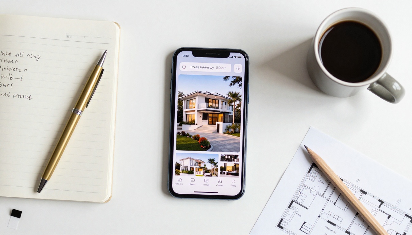 Aerial flat lay of a desk with a smartphone showing a luxury real estate property brochure flipbook, notebook, espresso, and floor plans