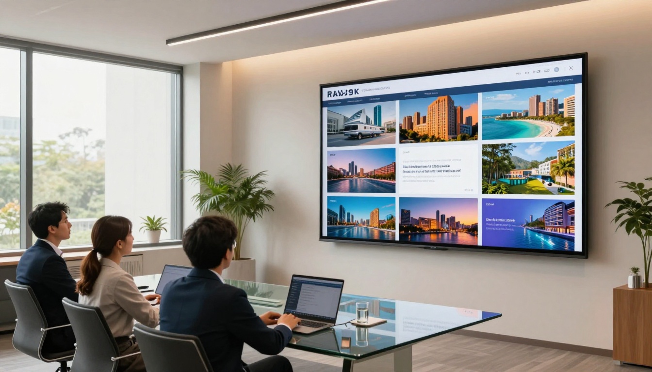 Business team in modern conference room viewing digital flipbook catalog displayed on large wall screen Business team in modern conference room viewing digital flipbook catalog displayed on large wall screen
