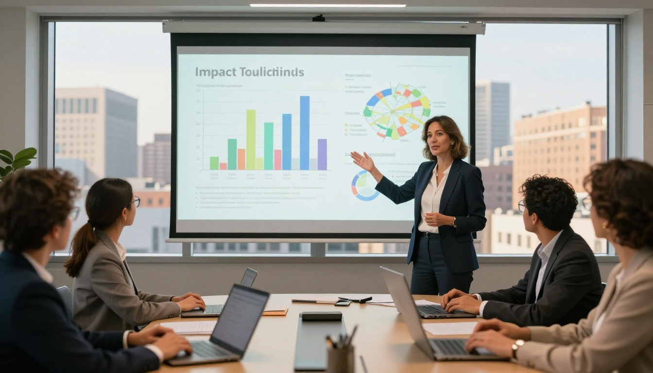 Nonprofit executive director presenting annual report data at conference room