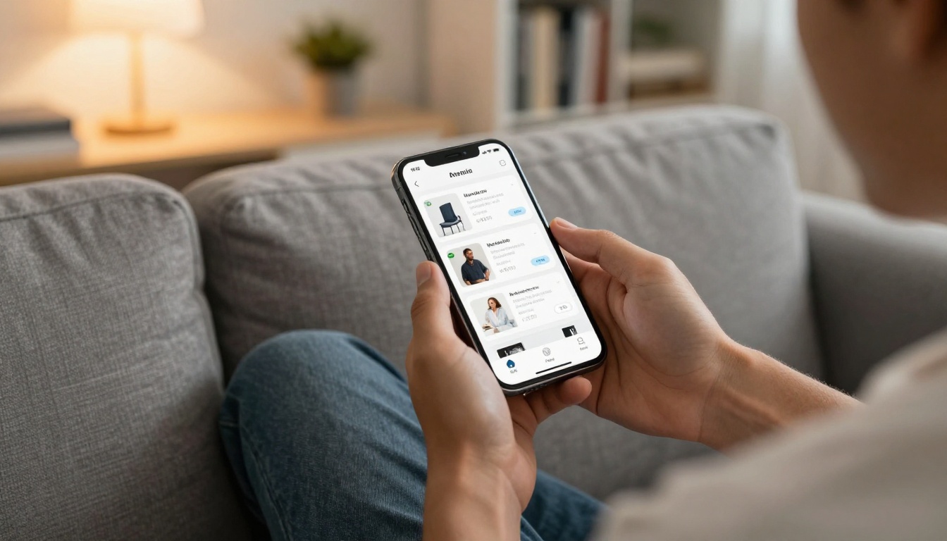 Young man in casual clothes browsing digital product catalog on smartphone while relaxing on grey linen sofa at home Young man in casual clothes browsing digital product catalog on smartphone while relaxing on grey linen sofa at home