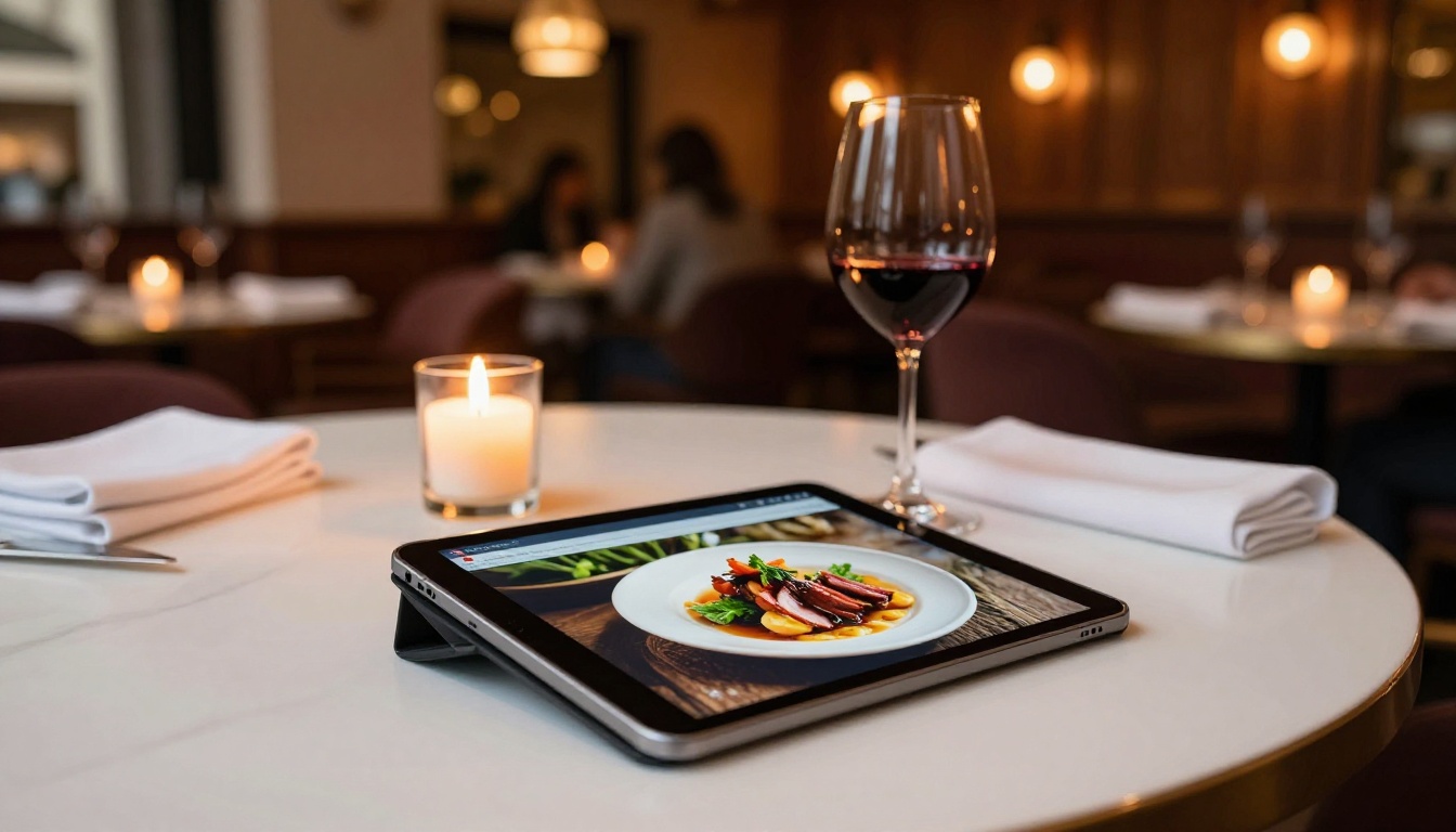 A tablet propped on a restaurant table displaying a beautifully designed digital menu flipbook with warm candlelight