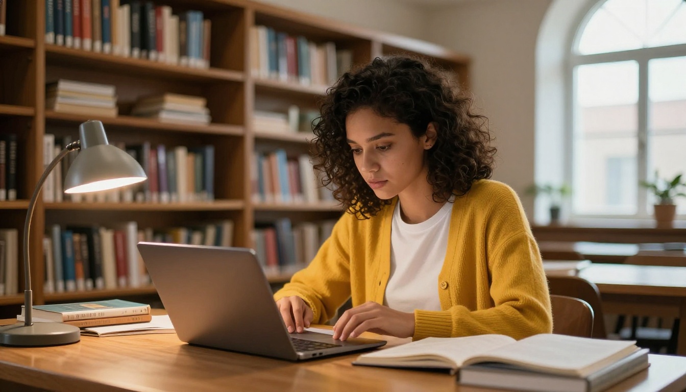 A university student browsing an educational flipbook on a laptop in a warm university library with bookshelves in the background
