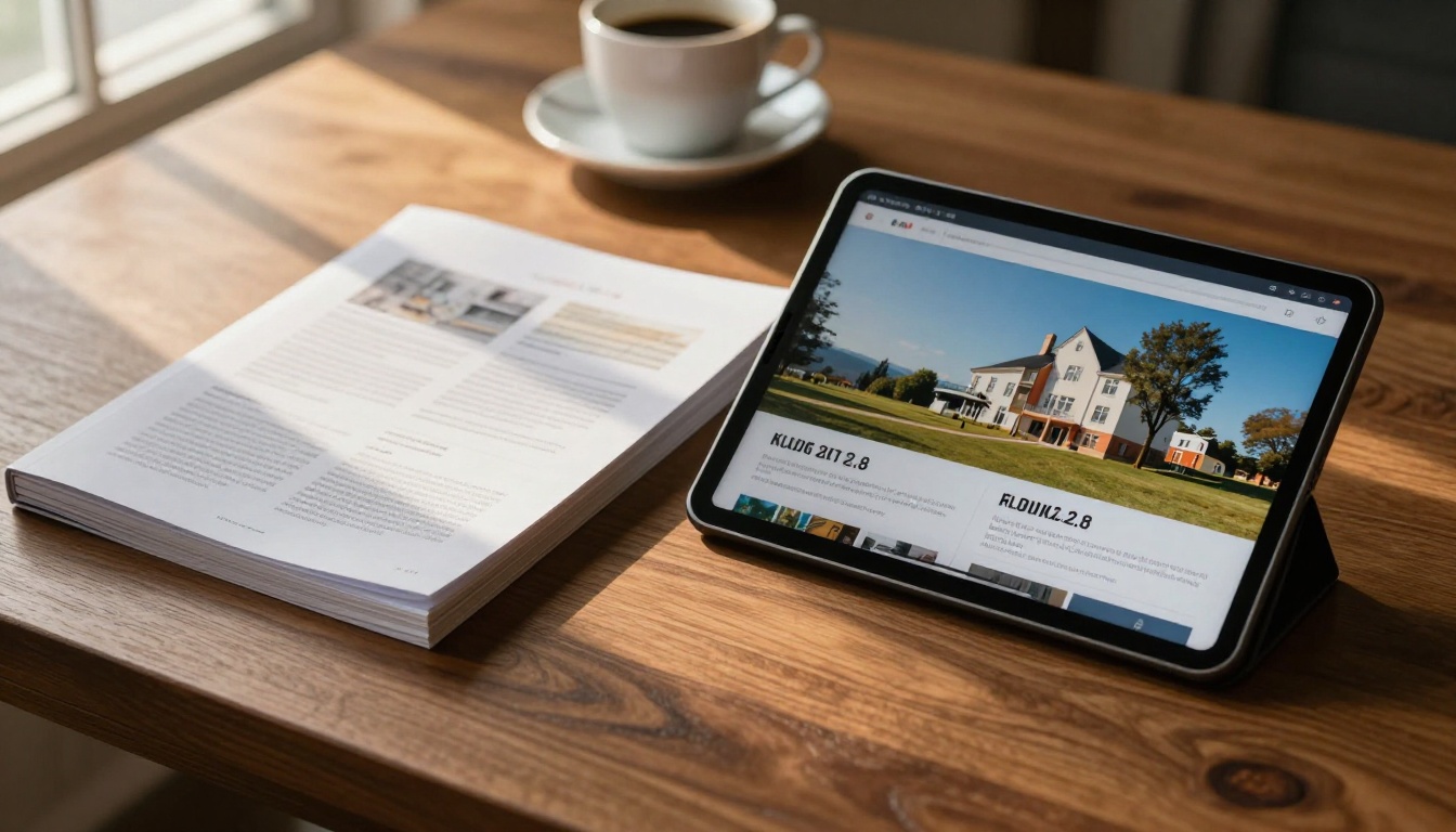 Side-by-side comparison of thick printed catalog and sleek tablet displaying same catalog in crisp digital flipbook format on walnut wood desk Side-by-side comparison of thick printed catalog and sleek tablet displaying same catalog in crisp digital flipbook format on walnut wood desk