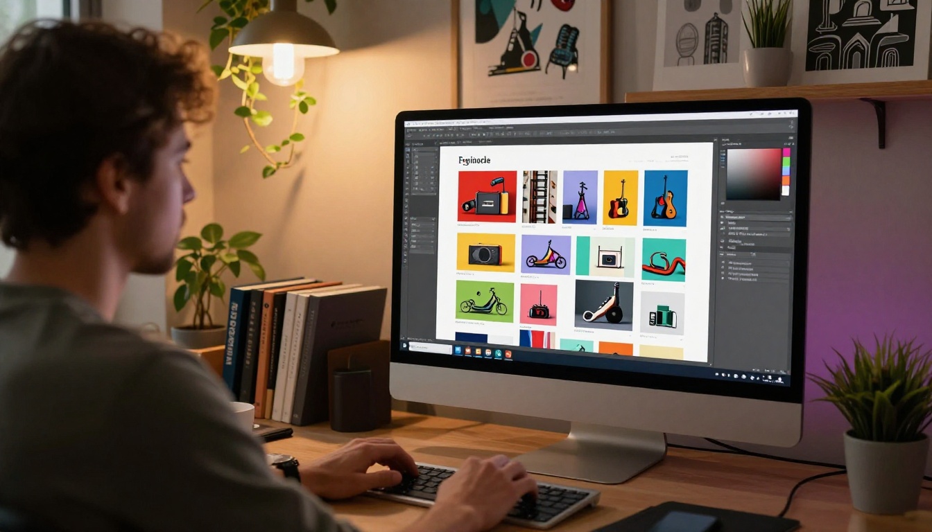 Graphic designer at large iMac workstation creating product catalog layout in design software with colorful product grids visible on screen Graphic designer at large iMac workstation creating product catalog layout in design software with colorful product grids visible on screen