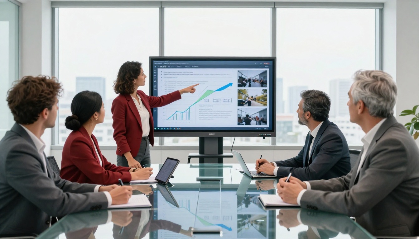 A diverse team of professionals collaborating around a conference table reviewing a digital flipbook presentation on a wall-mounted screen