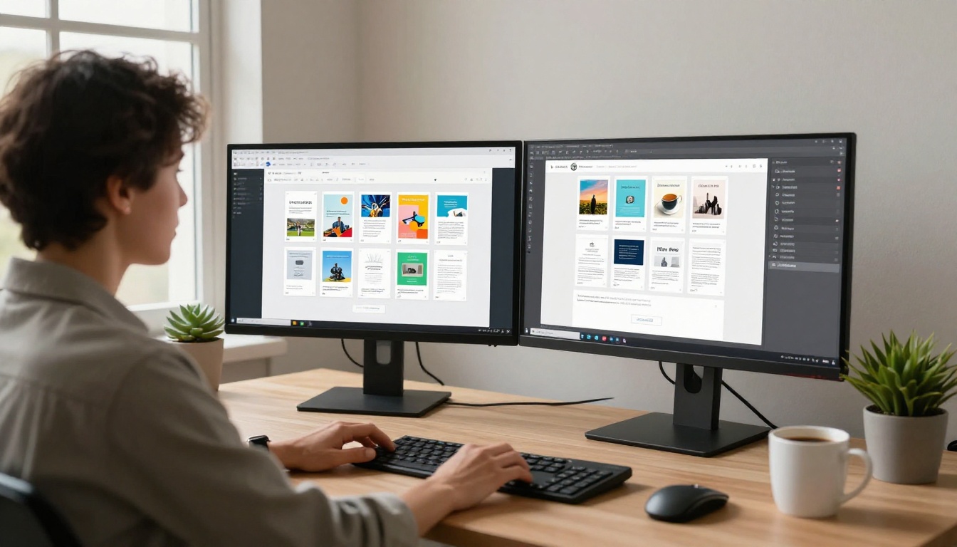 Communications manager uploading PDF at standing desk with dual monitors