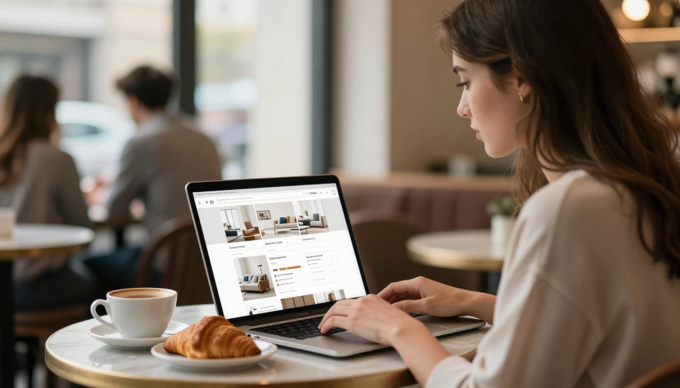 Stylish woman browsing digital product catalog on silver laptop at marble cafe table with ceramic coffee cup nearby Stylish woman browsing digital product catalog on silver laptop at marble cafe table with ceramic coffee cup nearby
