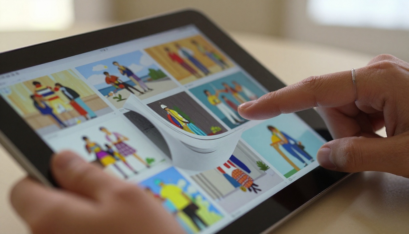 Close-up macro of hands holding a tablet showing a digital flipbook with a realistic page mid-turn animation in warm bokeh lighting