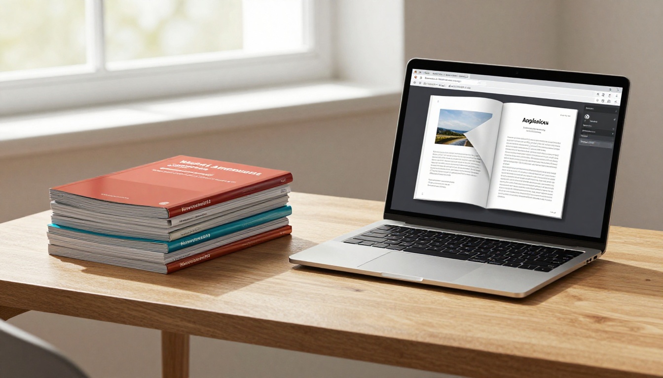 Stack of printed annual reports next to laptop showing digital flipbook version