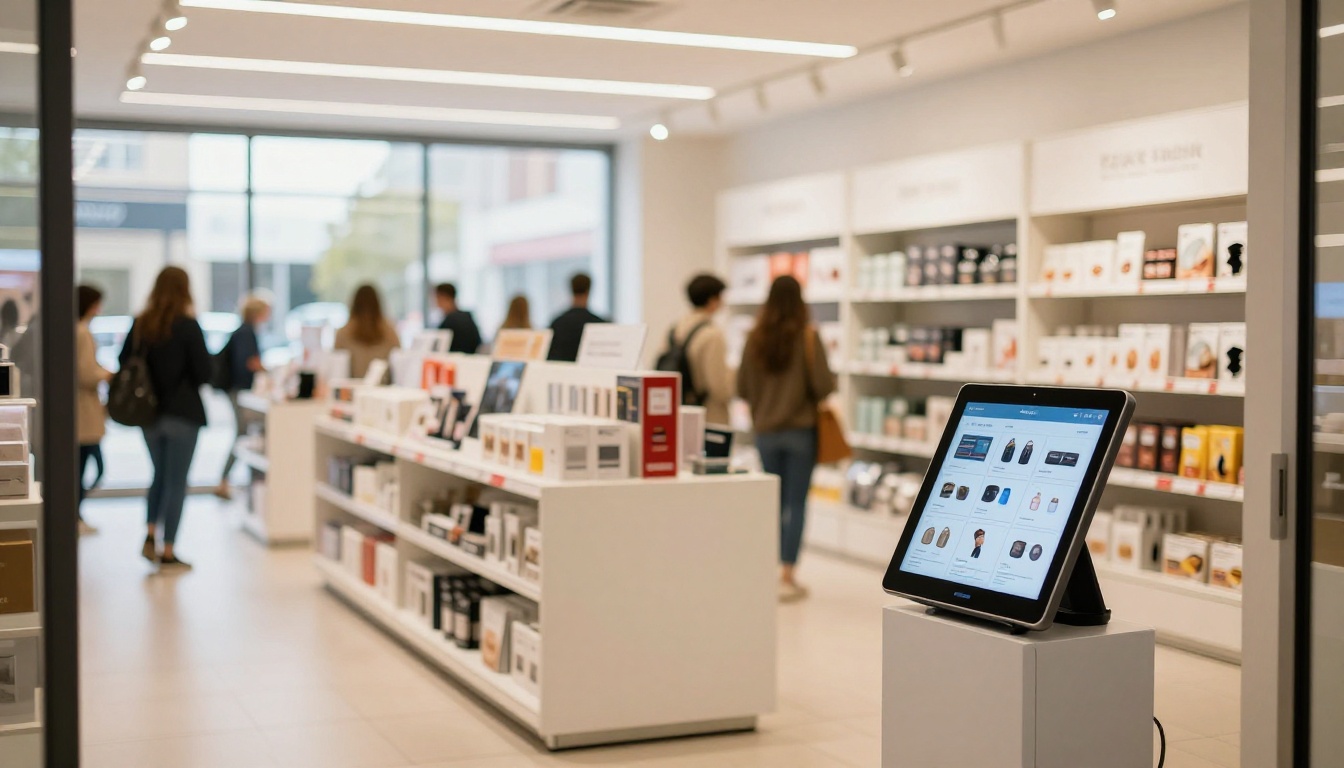 Modern retail store interior with tablet kiosk near entrance displaying interactive digital product catalog for browsing customers Modern retail store interior with tablet kiosk near entrance displaying interactive digital product catalog for browsing customers