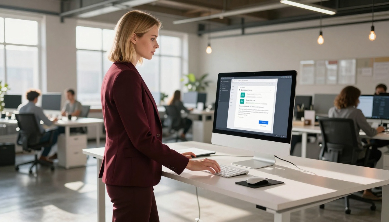 A marketing professional uploading a PDF document to convert into a digital flipbook on a desktop computer in an open-plan office