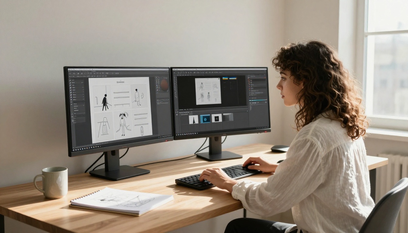 Designer working at a professional design workstation with dual monitors