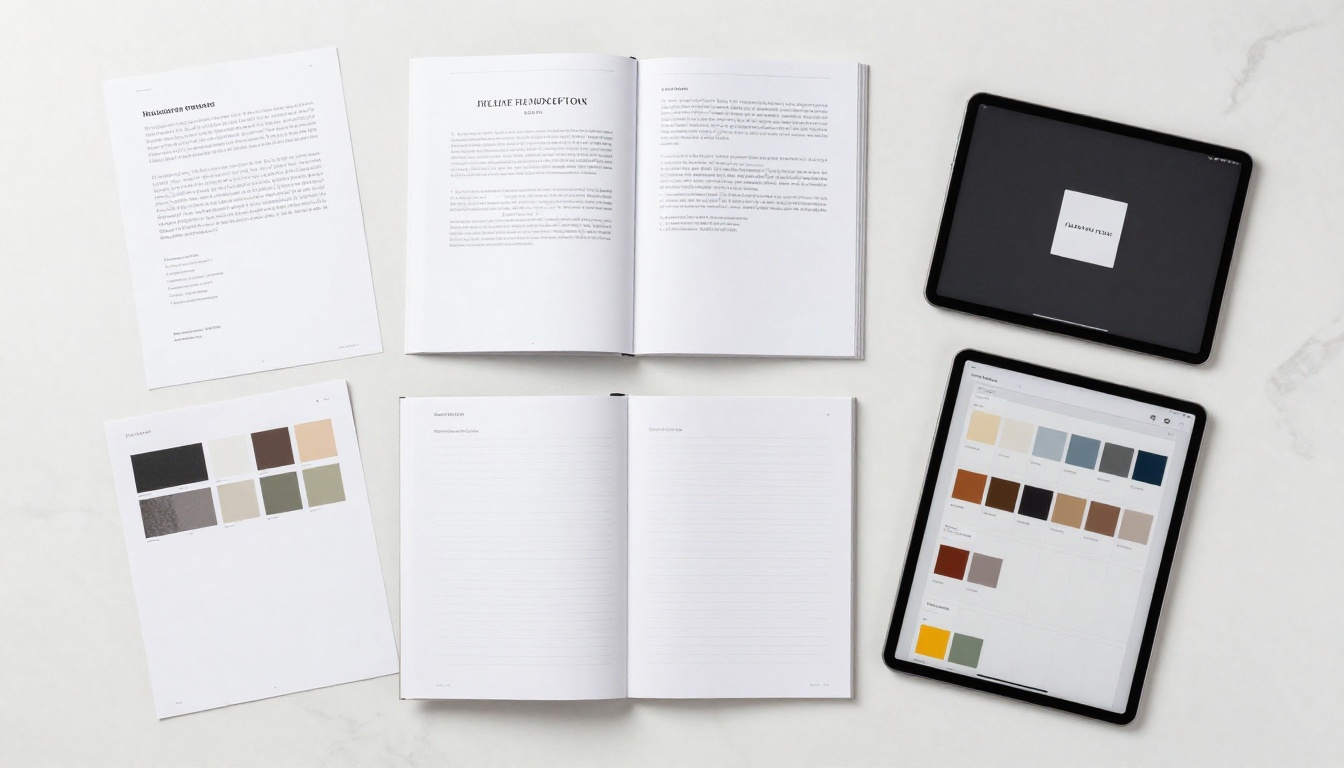Aerial flat-lay of design documents, Pantone swatches, and a tablet showing a flipbook layout