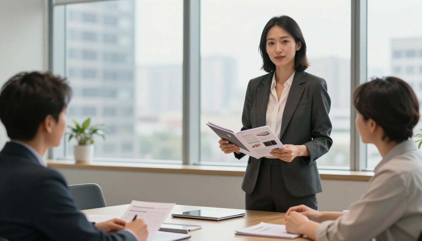 Businesswoman presenting a professional flipbook catalog to colleagues in a conference room