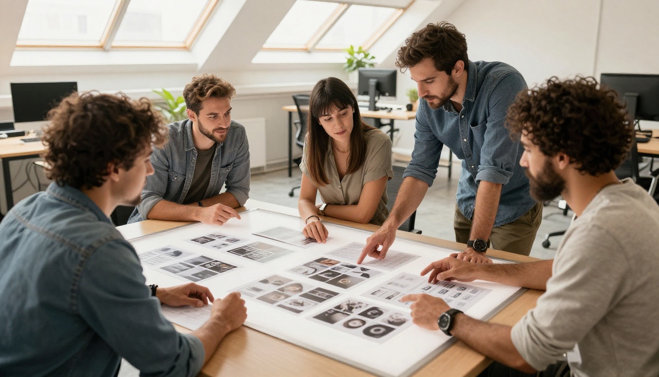 Creative team collaborating around a backlit design light table