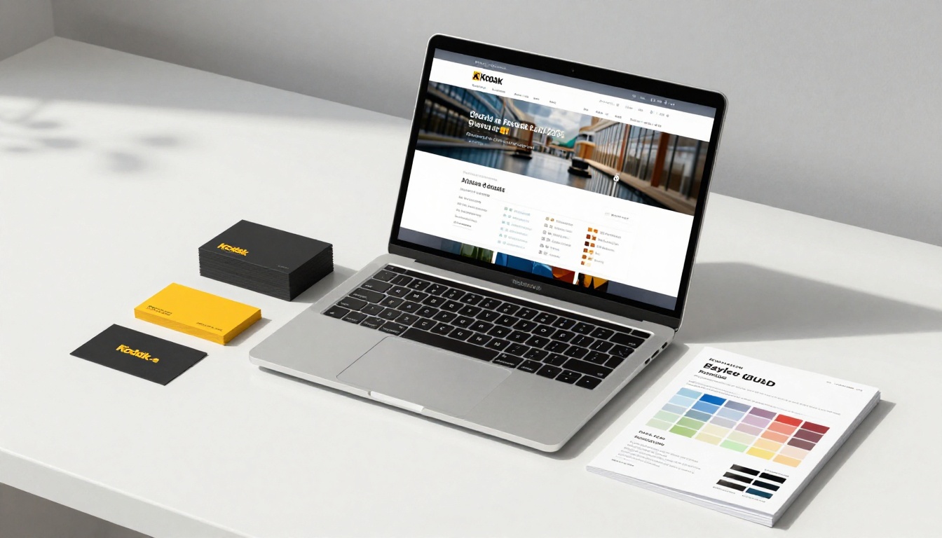 Laptop displaying a professional flipbook embed surrounded by brand materials and color chips