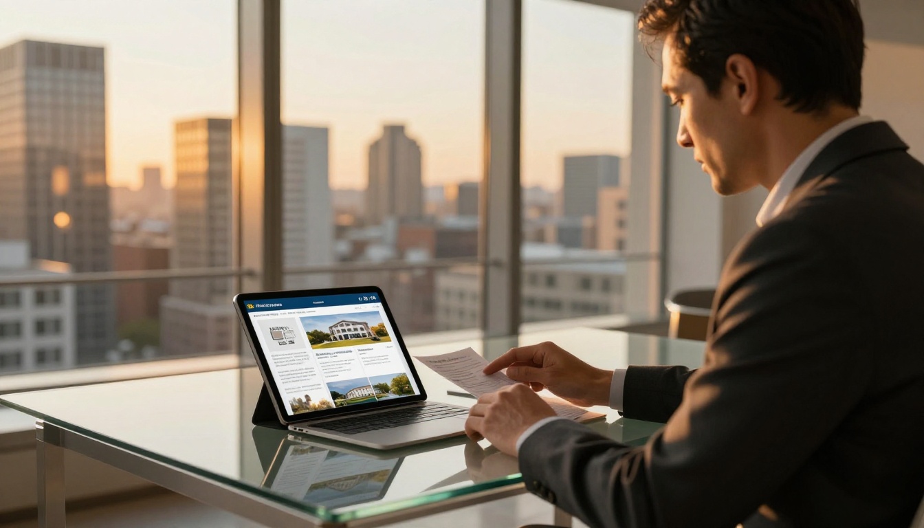 Real estate agent reviewing a professional property flipbook on tablet with city skyline