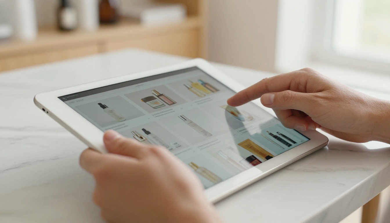 Close-up hands scrolling a product catalog on a tablet in a minimalist retail space