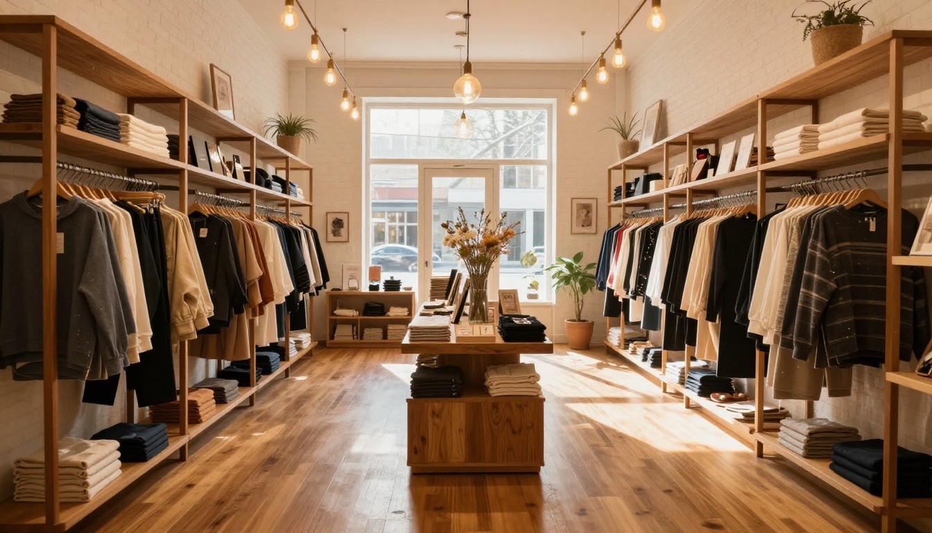 Charming small boutique retail store interior with wooden shelving, warm Edison bulb lighting, and afternoon sunlight streaming through the front window