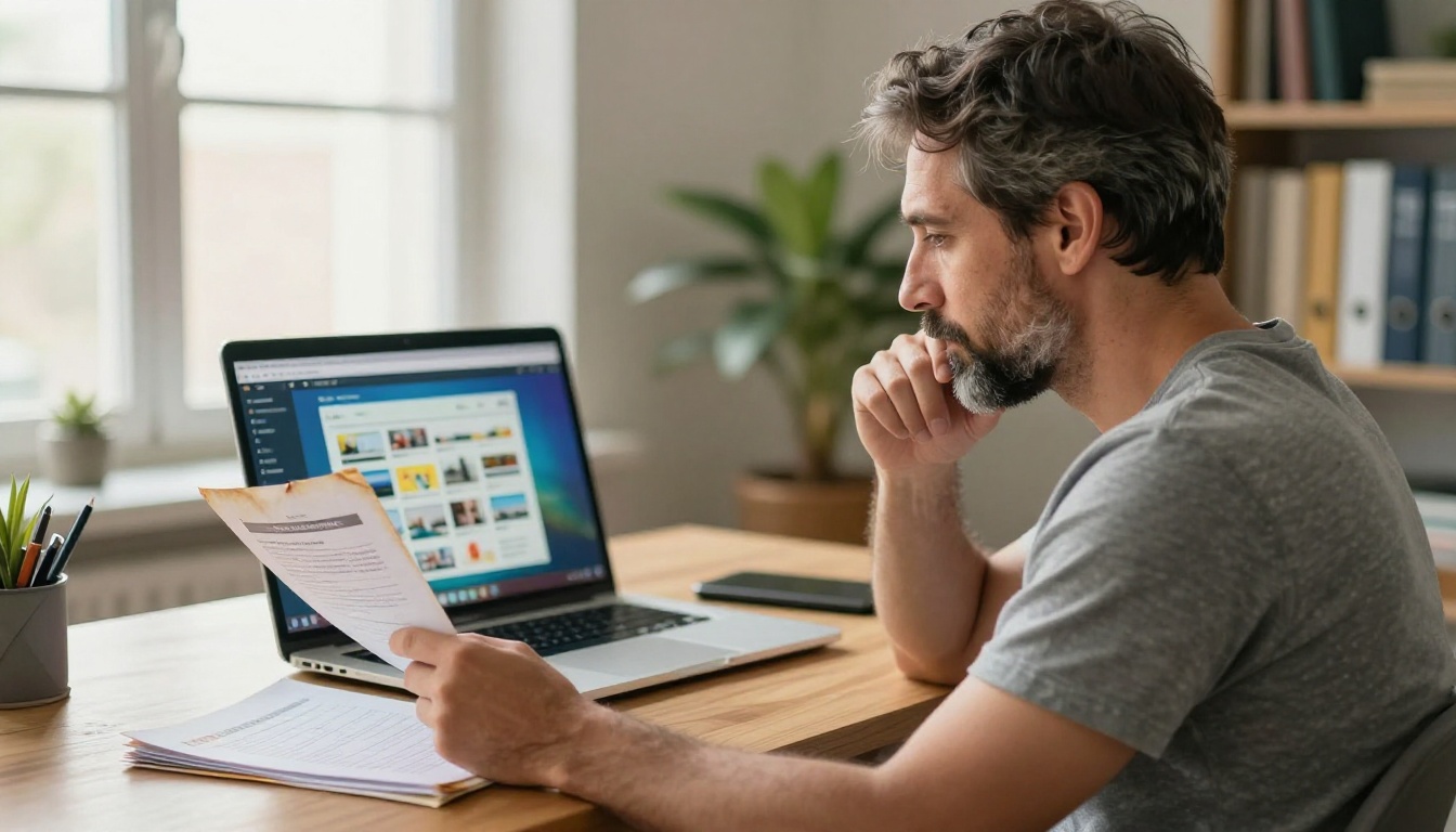 Small business owner thoughtfully comparing a printed paper catalog with a laptop showing a vibrant digital catalog