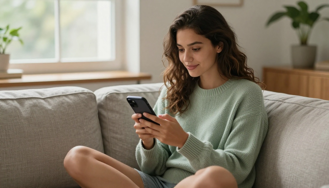 Young woman with caramel skin sitting on a gray sofa, scrolling through a colorful clothing catalog on a smartphone