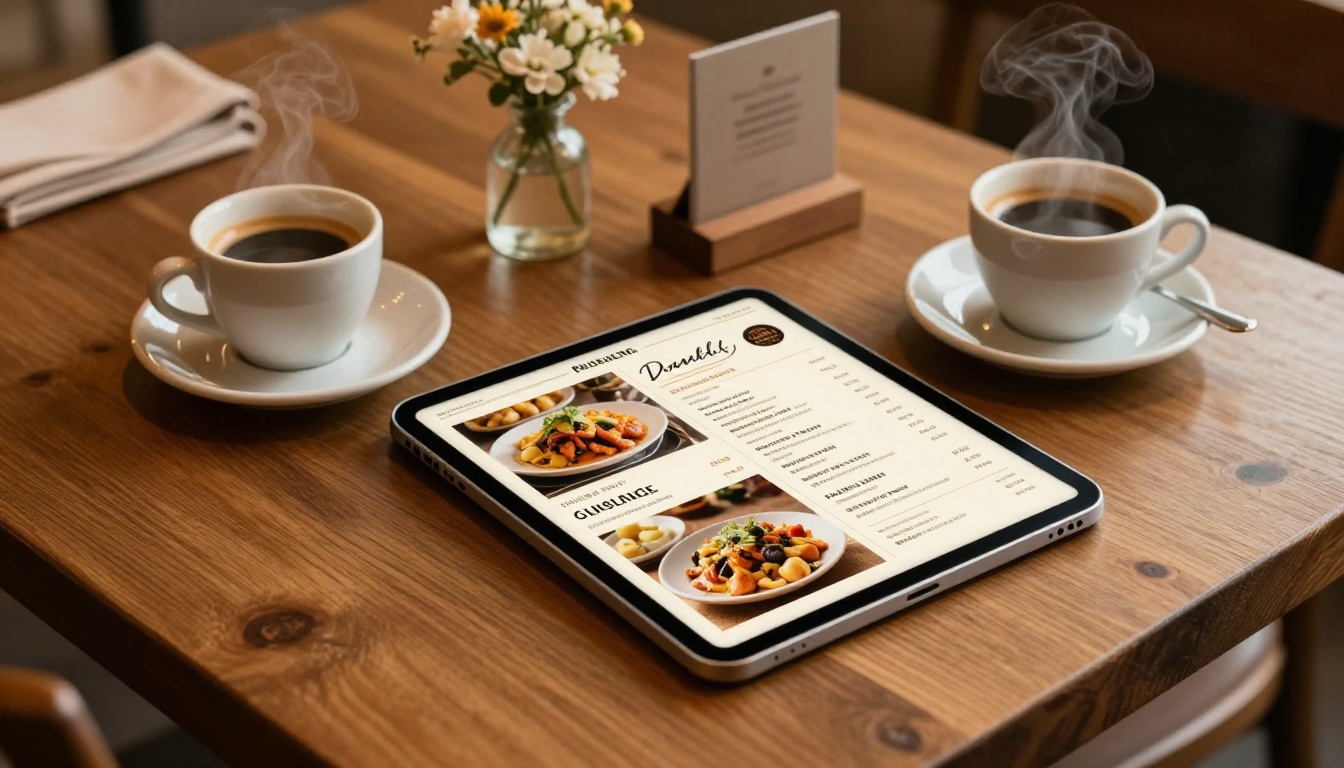 Aerial view of a café table with a tablet displaying a restaurant menu, ceramic espresso cup, fresh flowers, and cloth napkin in warm ambient lighting