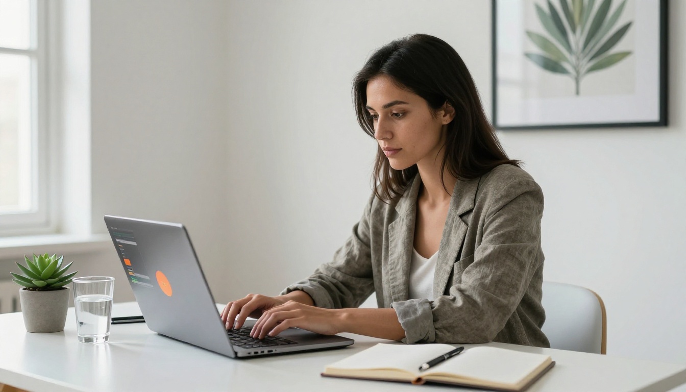 Focused woman entrepreneur with dark straight hair typing on a silver laptop at a white desk in a bright home office, screen showing a colorful design interface