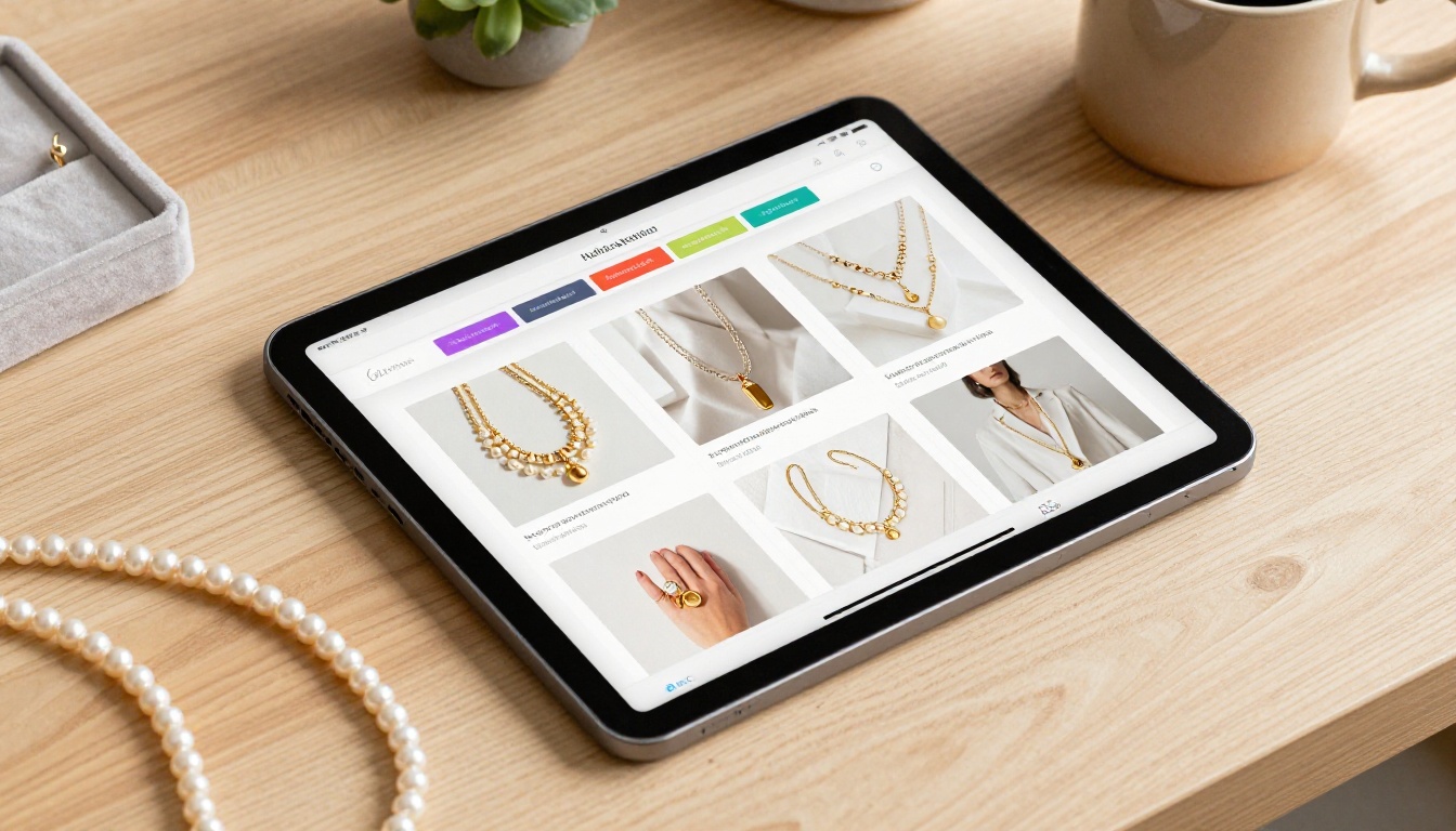 Close-up of a tablet on a light oak desk showing a digital product catalog with jewelry photography, surrounded by a pearl necklace, plant, and ceramic mug
