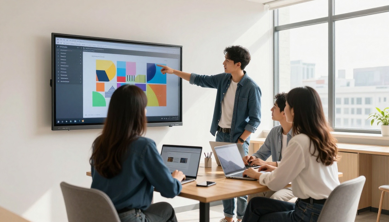 Three people in a bright modern meeting room gathered around a large wall-mounted screen showing a digital catalog presentation, natural window light from the right