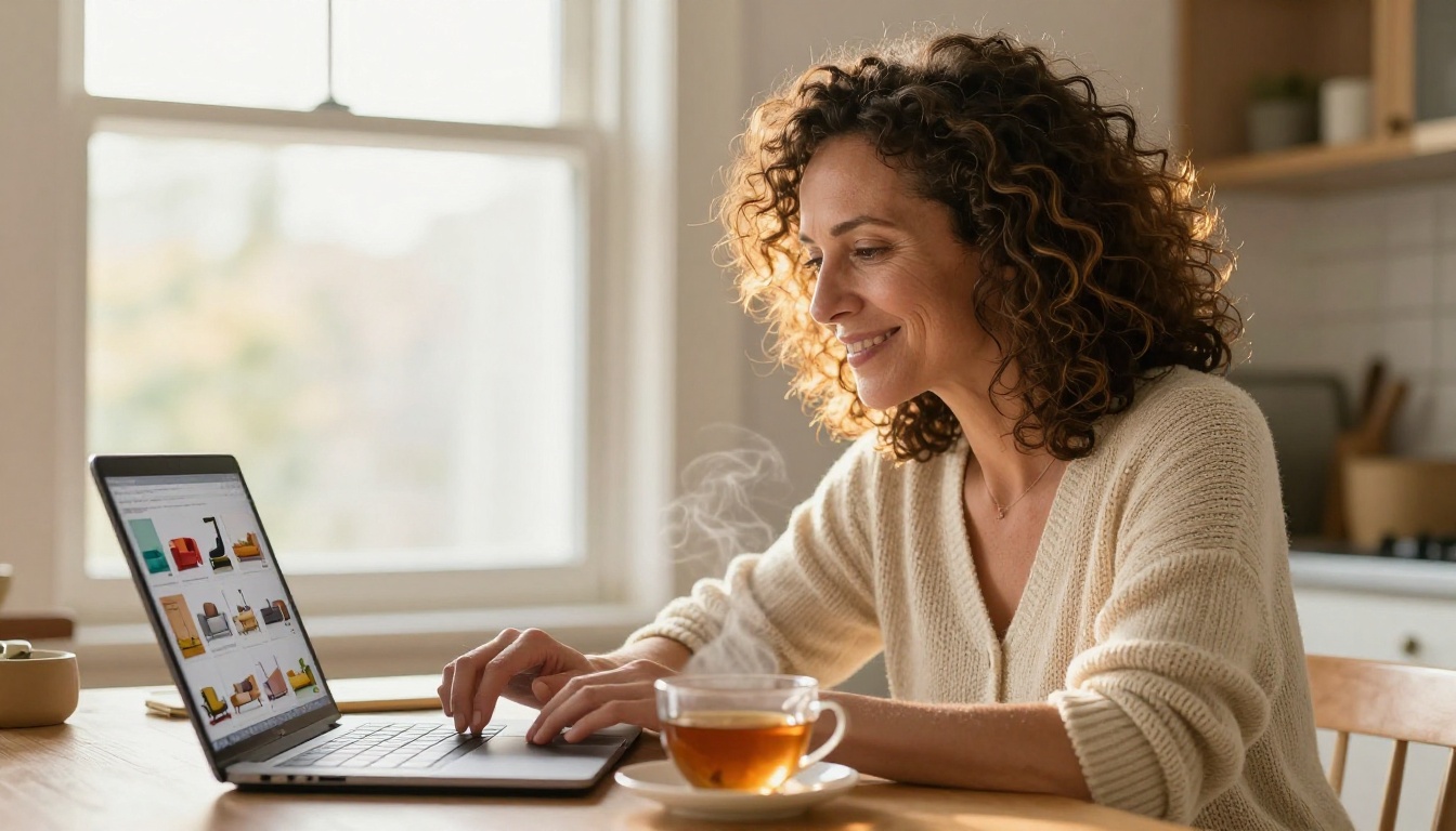Middle-aged woman with natural curly hair and olive skin smiling at a laptop showing a colorful product catalog, morning light streaming through a kitchen window