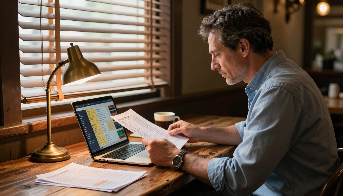 Restaurant owner comparing printed menu with digital menu on laptop