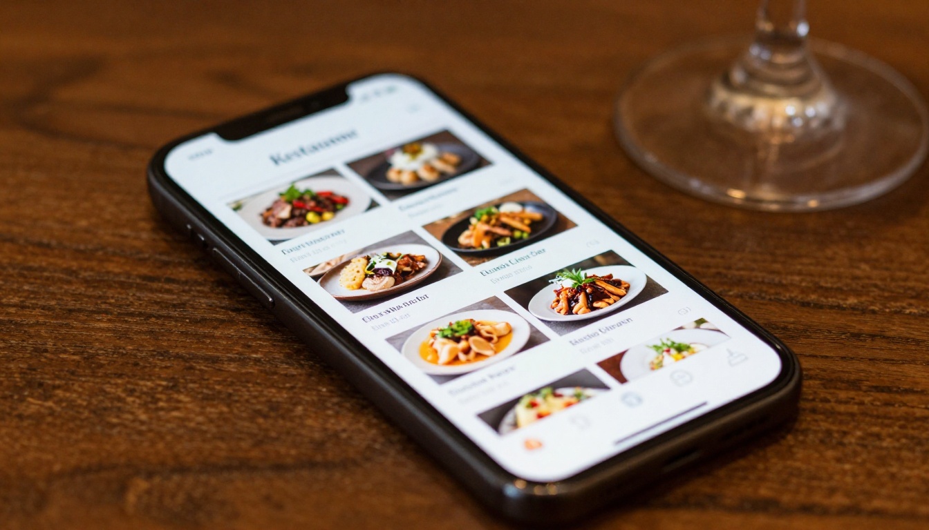 Close-up macro shot of smartphone displaying beautiful digital restaurant menu on oak table