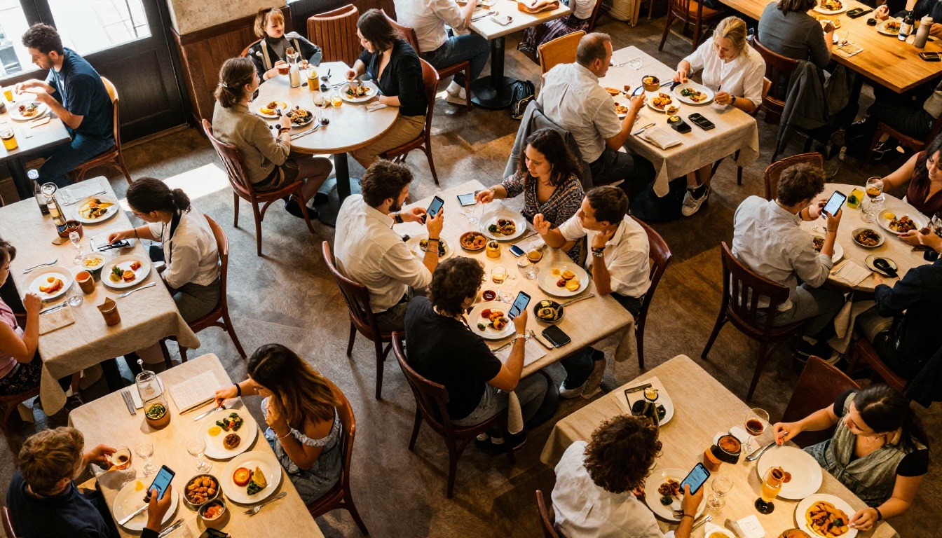 Aerial bird's-eye view of busy restaurant dining room during lunch service with diners viewing menus