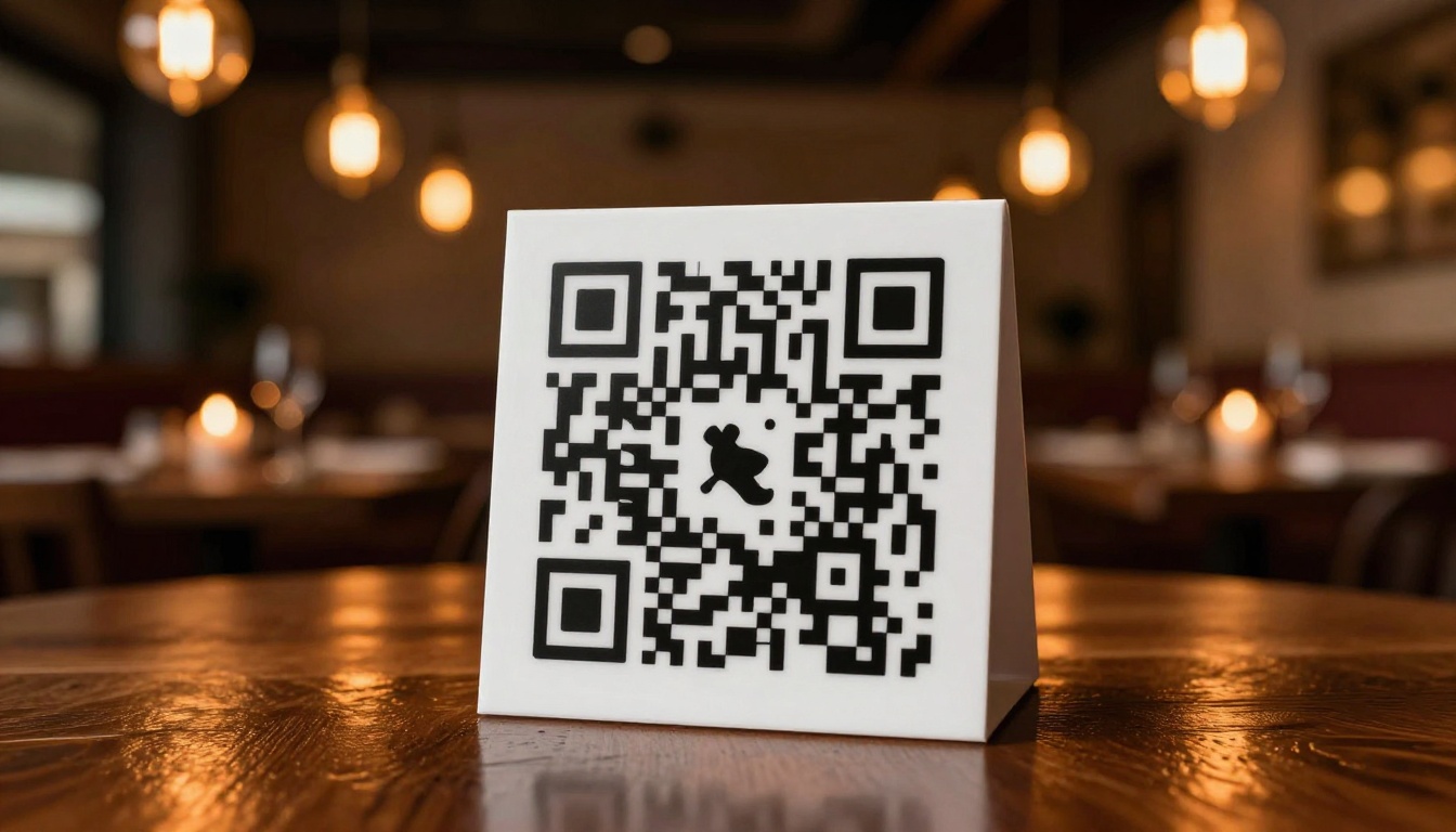 Low-angle close-up of white QR code table card standing on dark wood restaurant table with warm Edison bulb bokeh