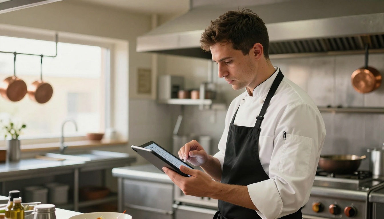 Chef in white coat studying digital menu layout on tablet in commercial kitchen