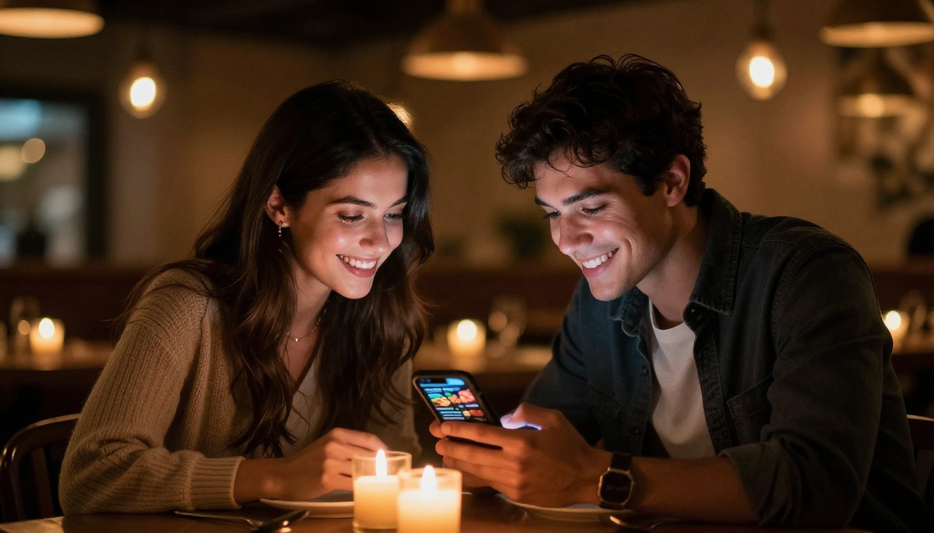 Young stylish couple sharing smartphone at restaurant table viewing interactive menu by candlelight