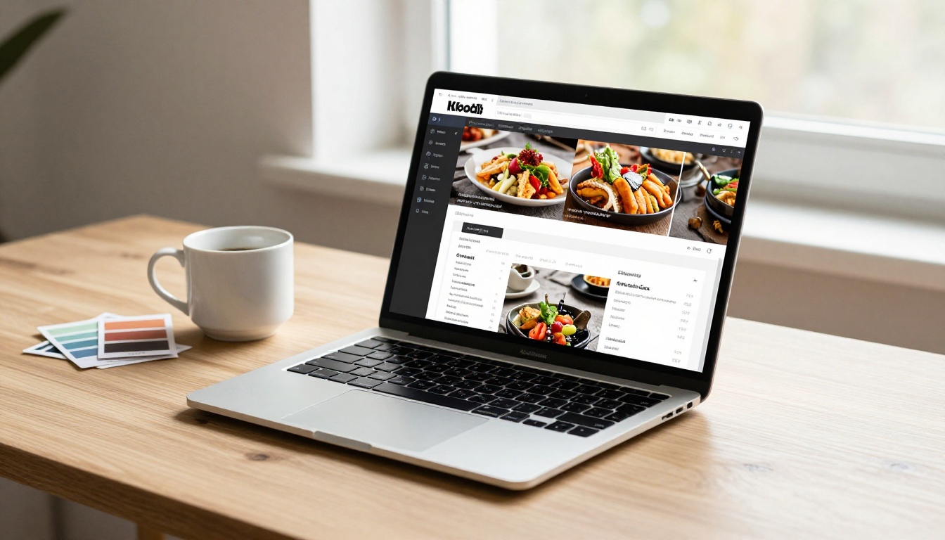 Modern laptop displaying restaurant menu design interface with food photography in bright home office