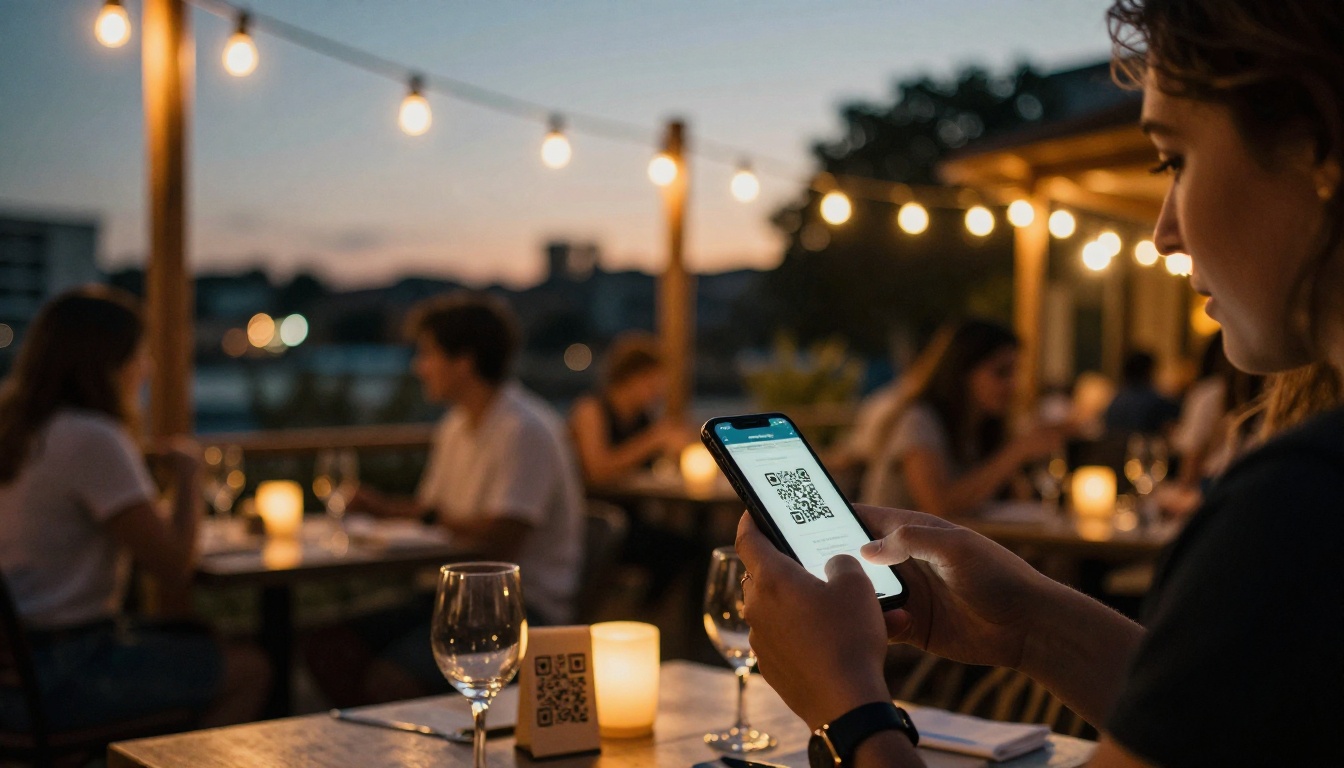 Outdoor restaurant patio at dusk with customer scanning QR code under warm string lights