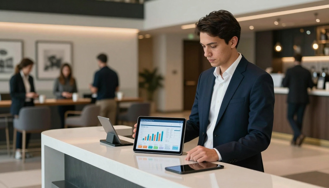 Restaurant manager in navy blazer holding analytics tablet at modern host podium