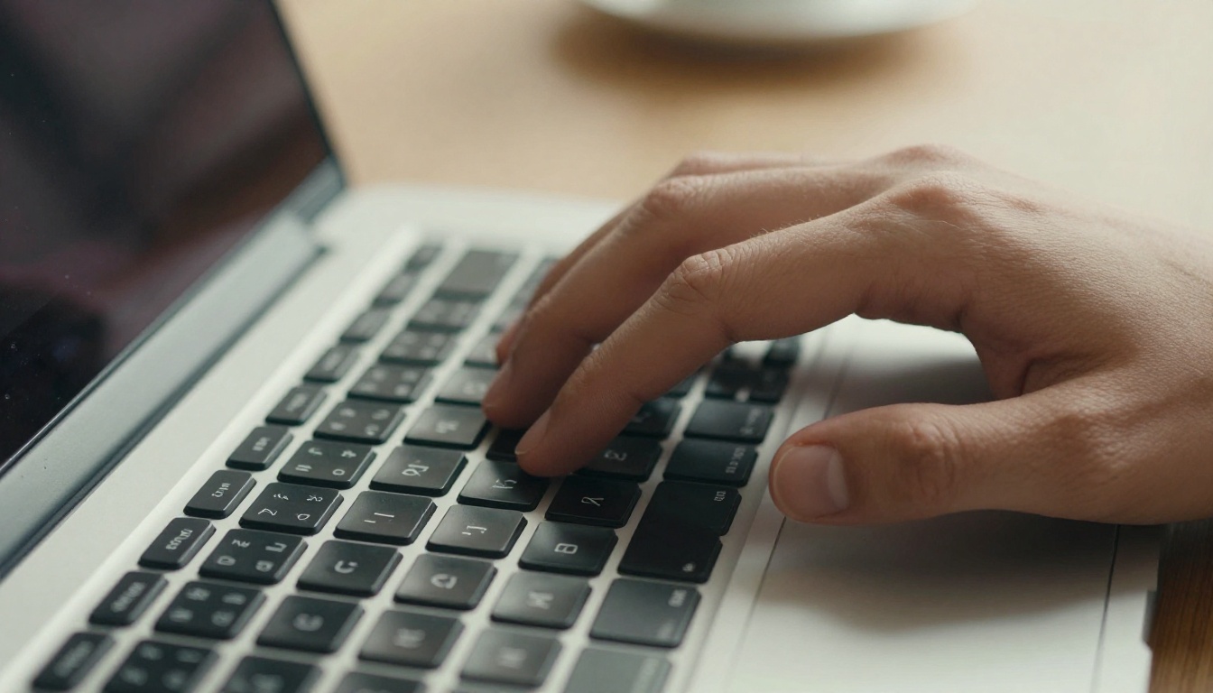 Close-up of hands exporting a PowerPoint file to PDF on a laptop keyboard with soft natural daylight
