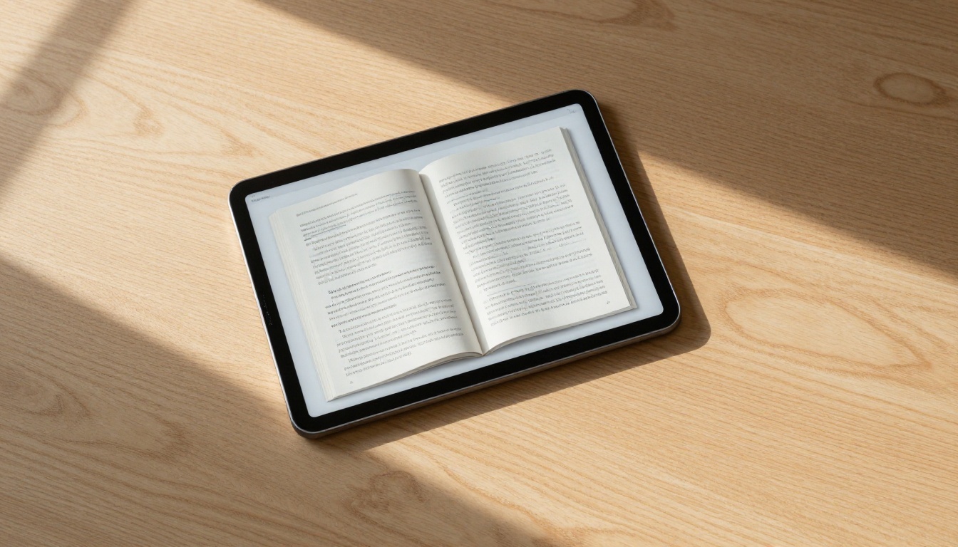 Aerial view of a desk with a tablet displaying an open flipbook and a printed presentation deck beside it