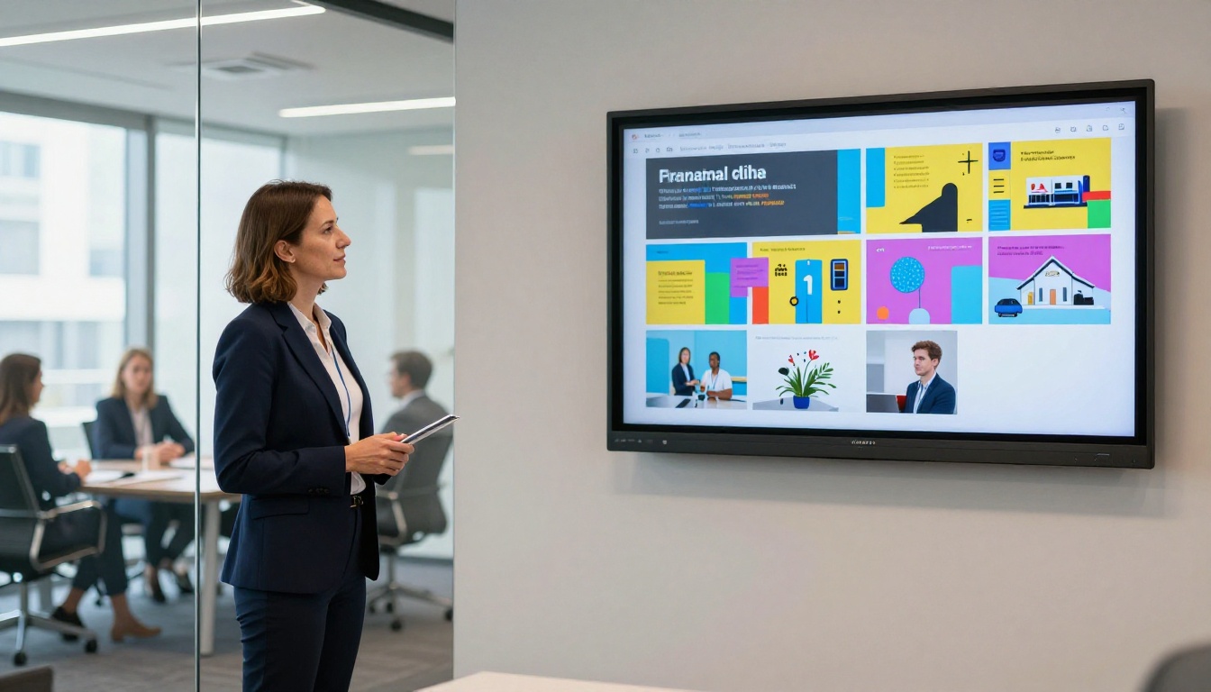 A businesswoman presenting a digital flipbook on a large wall-mounted screen in a modern conference room