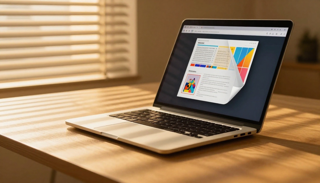 Low-angle view of a laptop on a glass desk showing a flipbook interface with afternoon light casting venetian blind shadows across the surface
