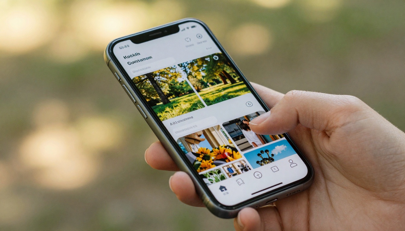 Close-up of a smartphone displaying a mobile-responsive flipbook with vibrant presentation slides, held outdoors with soft park background bokeh